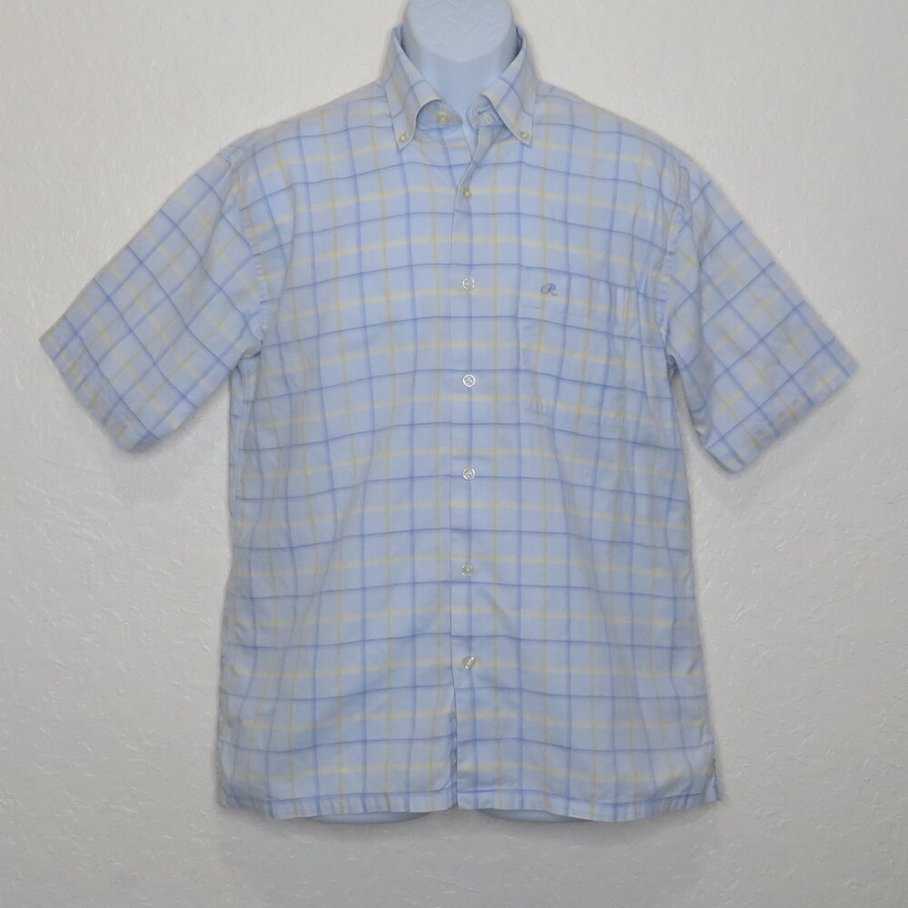 Ruffini* Men's Short Sleeve Button Down Straight Hem Pocket Plaid Shirt~ Medium